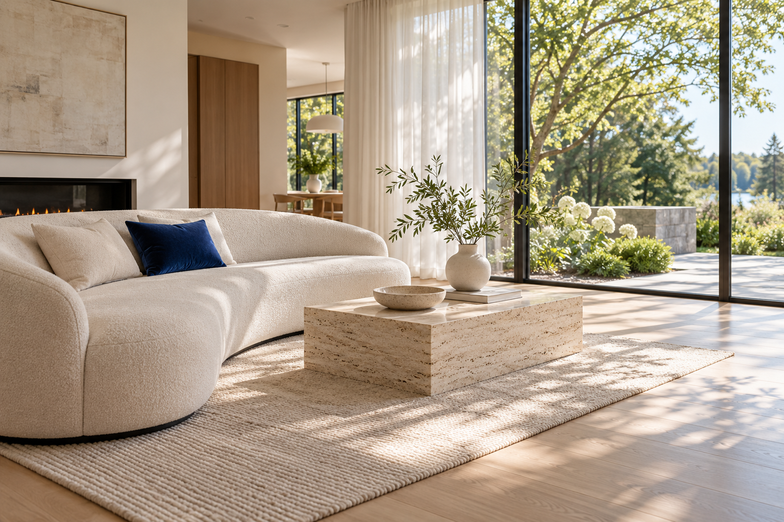 A bright living room with a cream sofa, oak floors and sunlight through tall windows